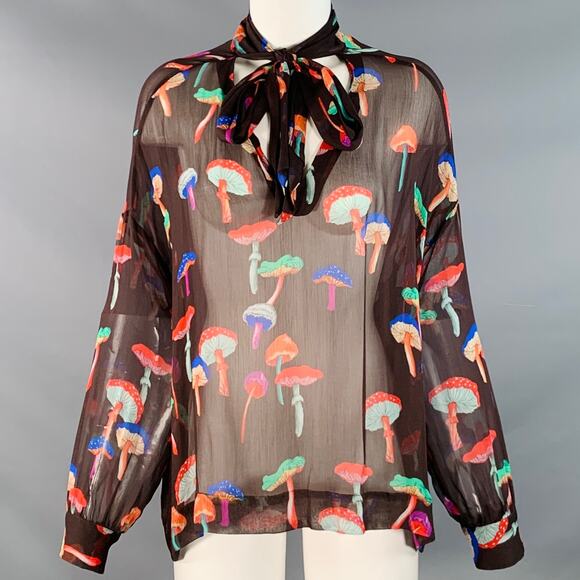 LE SUPERBE S Field Trip Brown Multi Color Chiffon Sheer Mushroom V-Neck Blouse - Picture 1 of 7